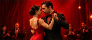 Pareja bailando tango sobre un escenario