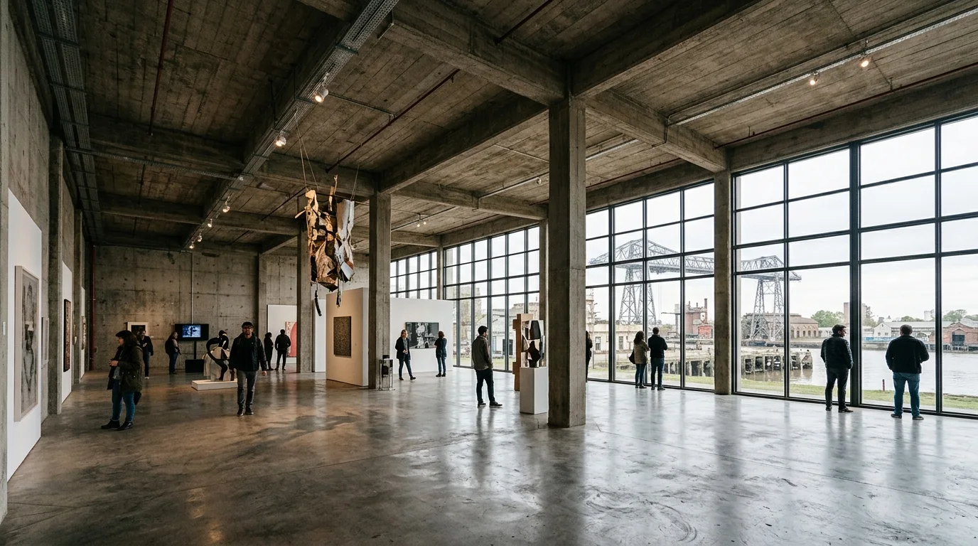 Sala de exposición interior de la Fundación Andreani con techos de hormigón y vistas al paisaje portuario de La Boca.
