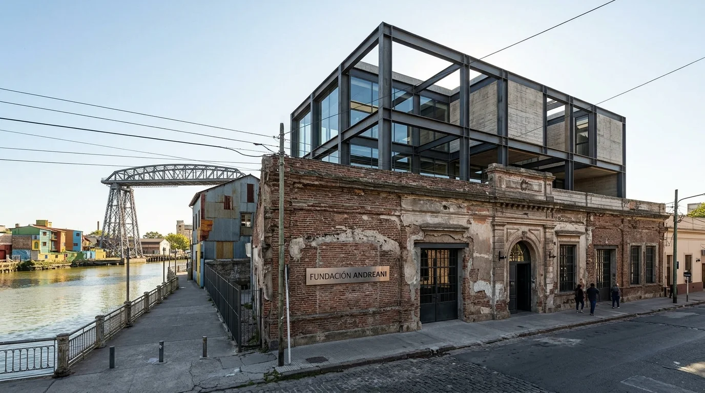 Fachada moderna de vidrio integrada a una estructura histórica de la Fundación Andreani frente al Riachuelo.