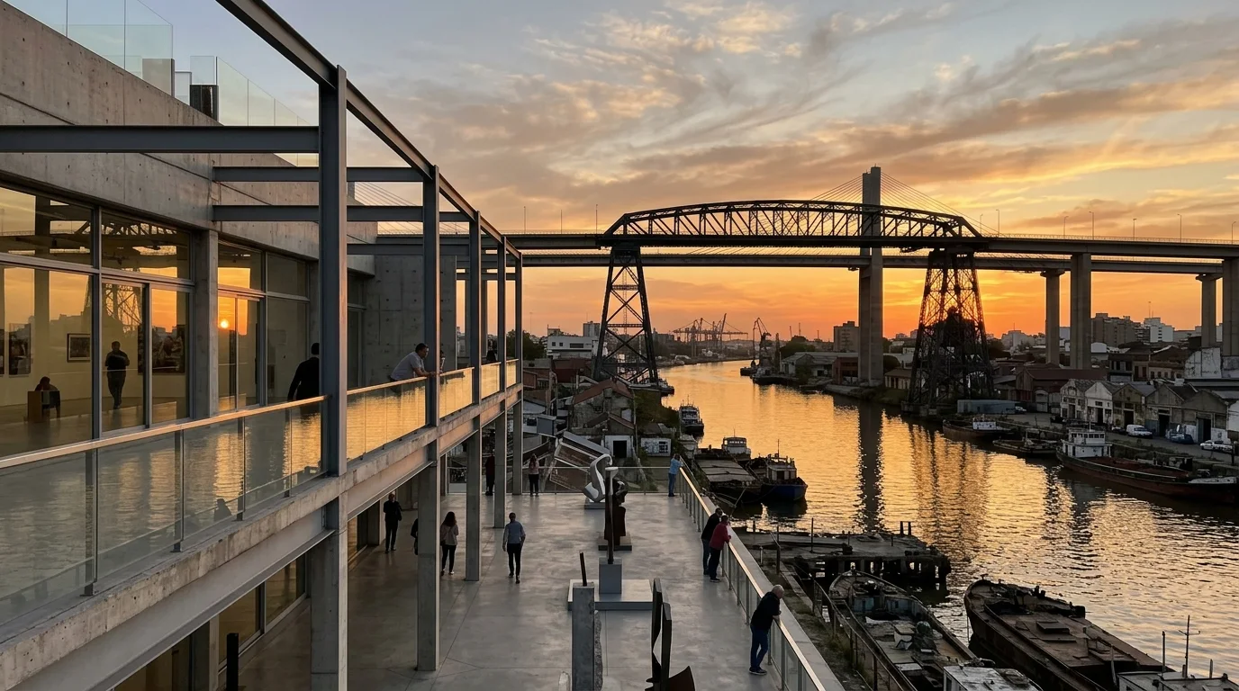 Vista panorámica desde la terraza de la Fundación Andreani hacia el histórico Puente Transbordador Nicolás Avellaneda.