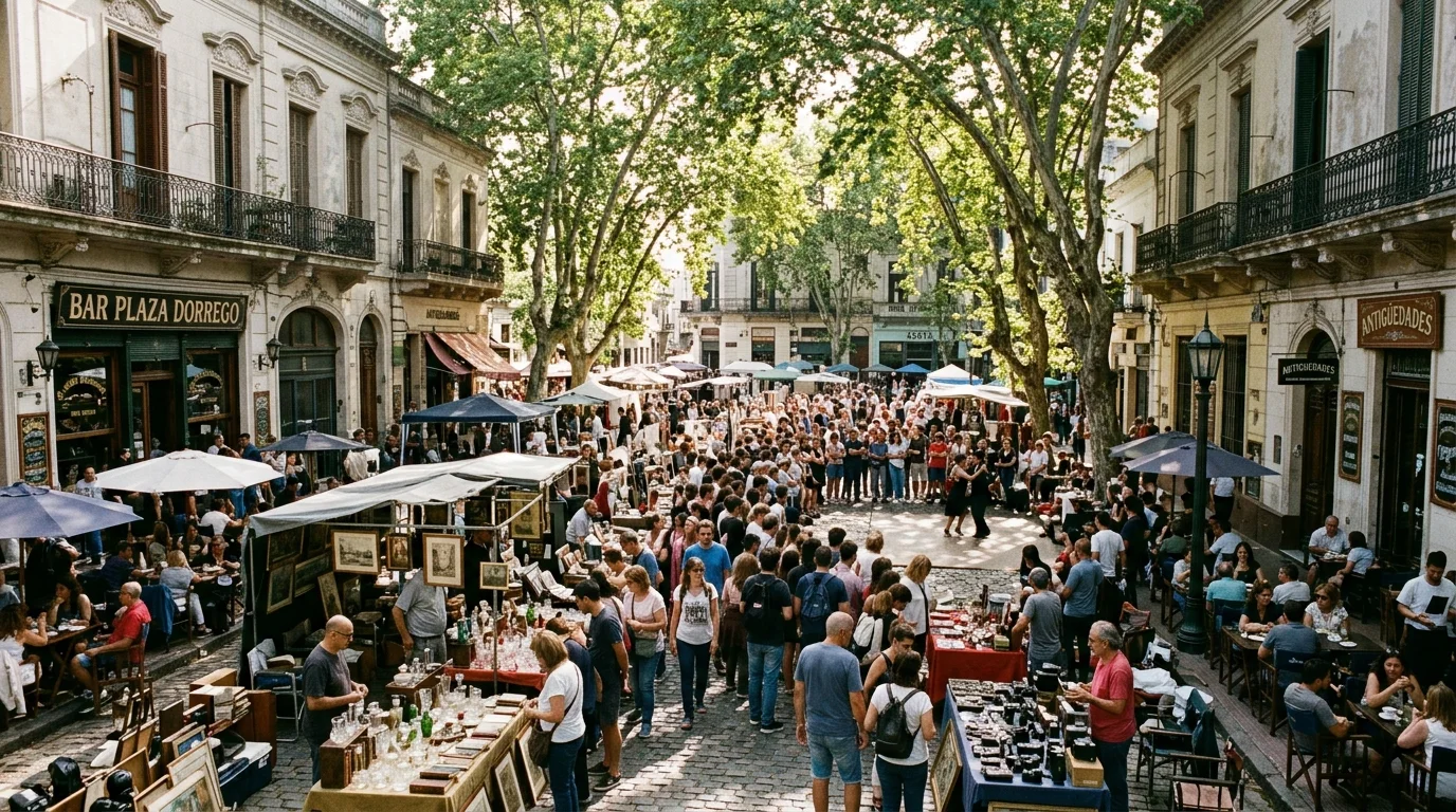 Vista panorámica de la concurrida Feria de San Telmo en la histórica Plaza Dorrego, Buenos Aires.