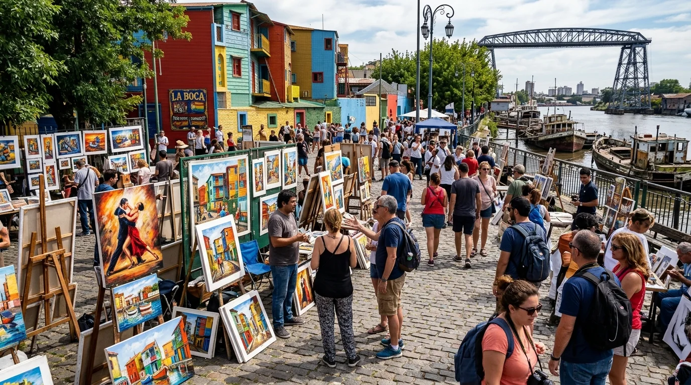 Exposición de pinturas al óleo y caballetes de artistas locales en la feria de Vuelta de Rocha frente al Riachuelo.
