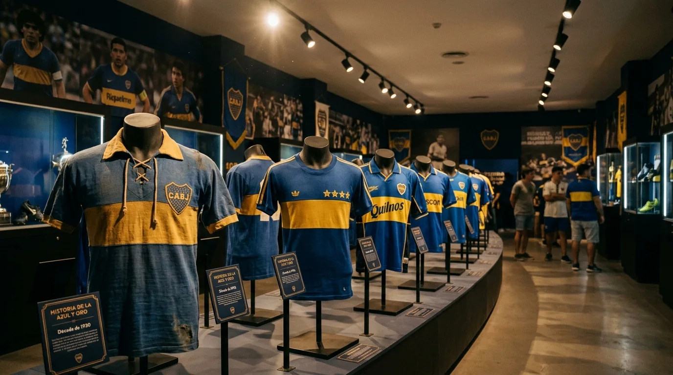 Exhibición de las camisetas oficiales usadas por ídolos de Boca Juniors a lo largo de las décadas.