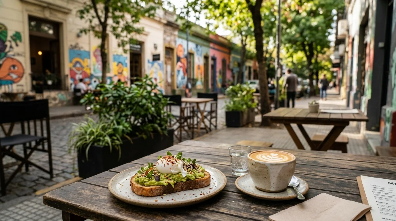 Café de especialidad y desayuno saludable servidos en una mesa al aire libre en una vereda de Palermo.