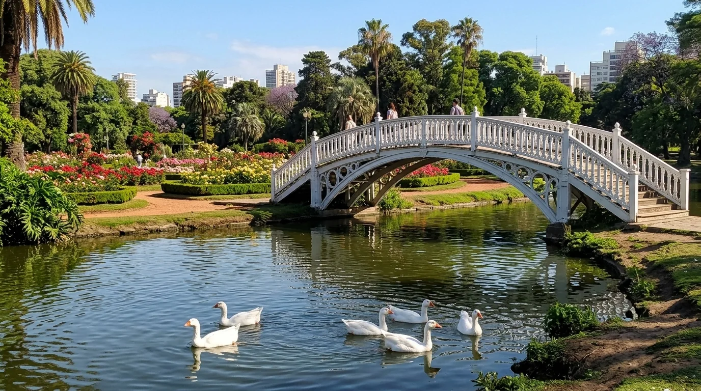Gansos blancos nadando en el lago tranquilo frente al Puente Blanco de madera en el Rosedal.