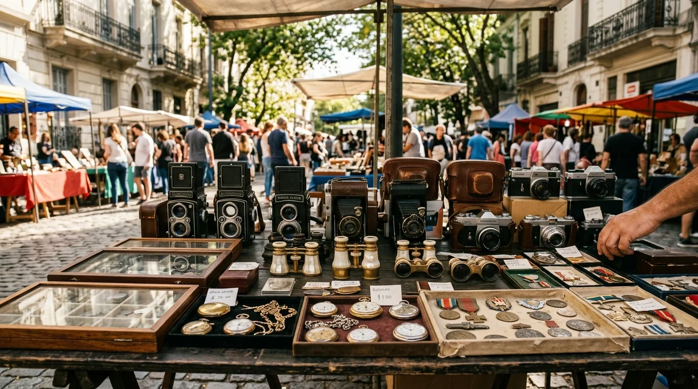 Puesto de antigüedades con cámaras analógicas y relojes vintage en la Feria de San Telmo.