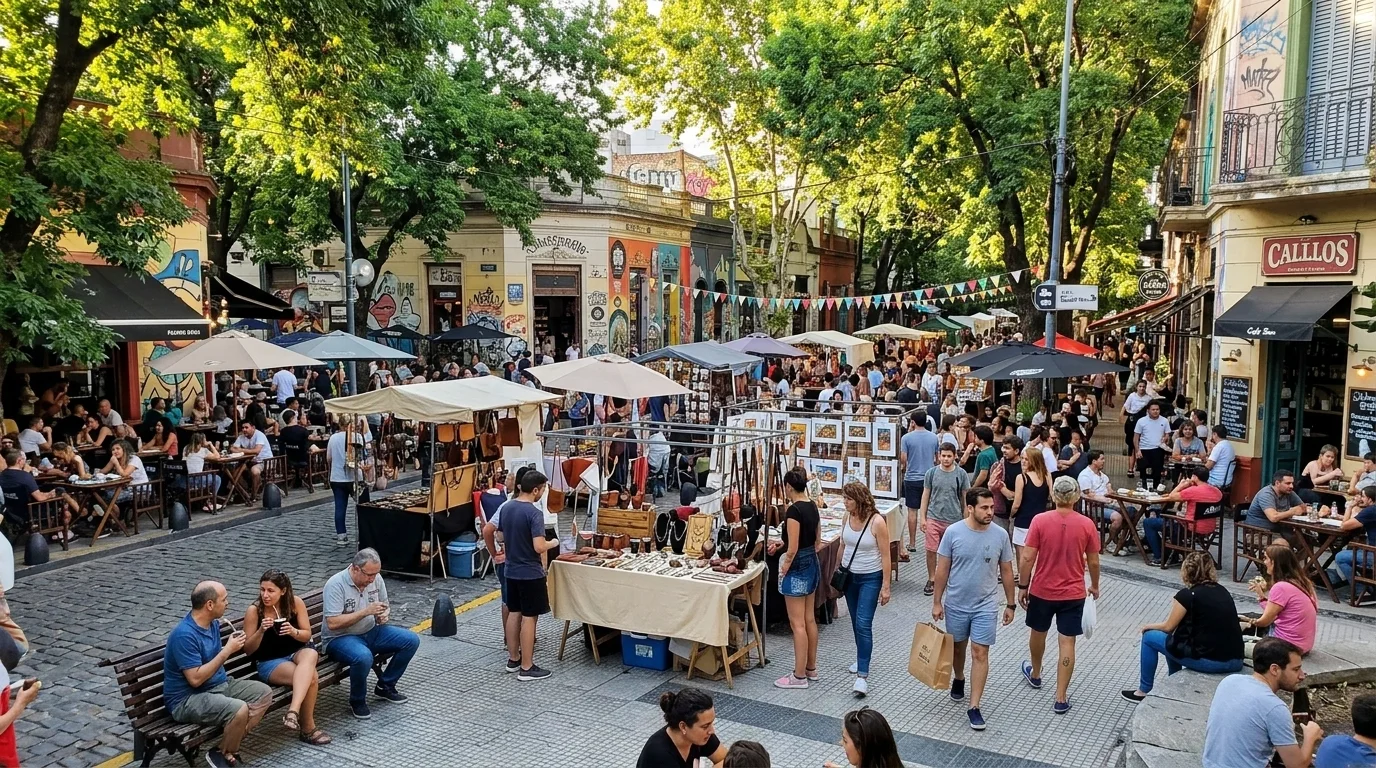 Turistas y locales disfrutando de la feria de artesanos en la Plaza Serrano rodeada de bares y cafeterías.