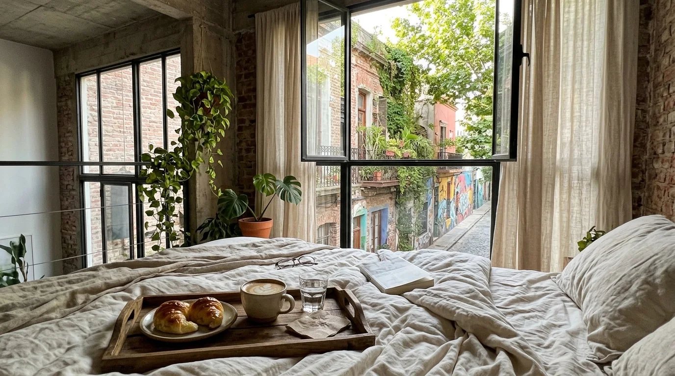 Desayuno con medialunas y café servido en la cama de un loft minimalista en Palermo Hollywood.