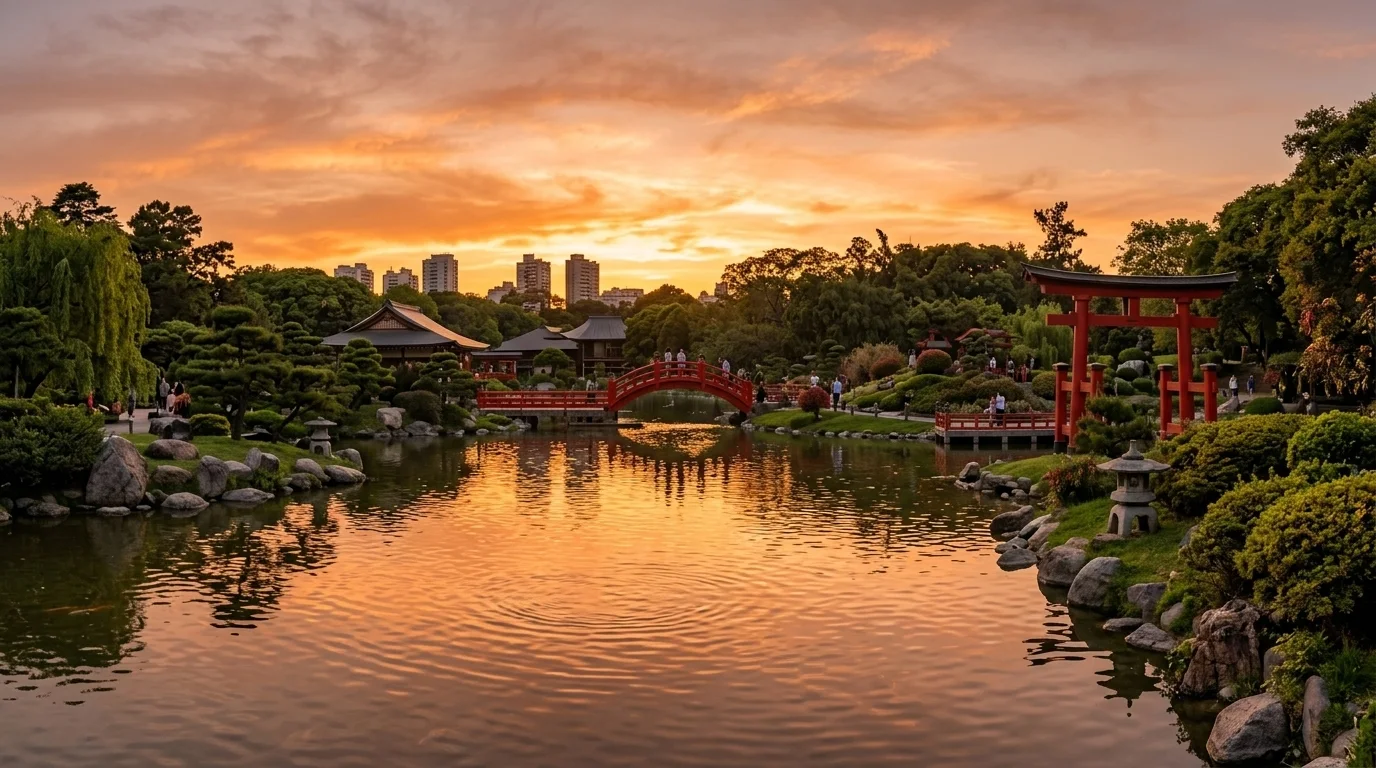 El icónico puente rojo curvo sobre el estanque de carpas koi en el Jardín Japonés de Palermo.