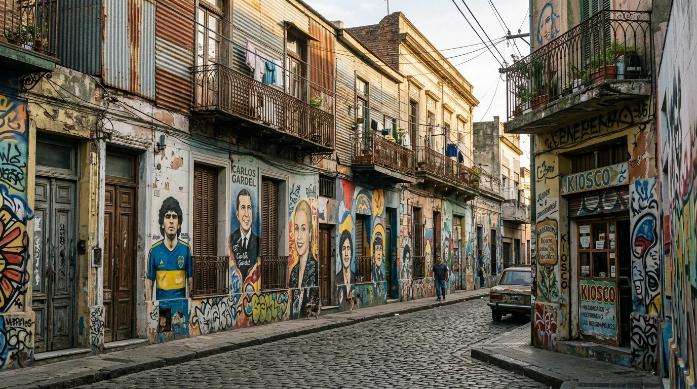 Calle lateral de La Boca con fachadas cubiertas de grafitis coloridos y arte callejero creativo.
