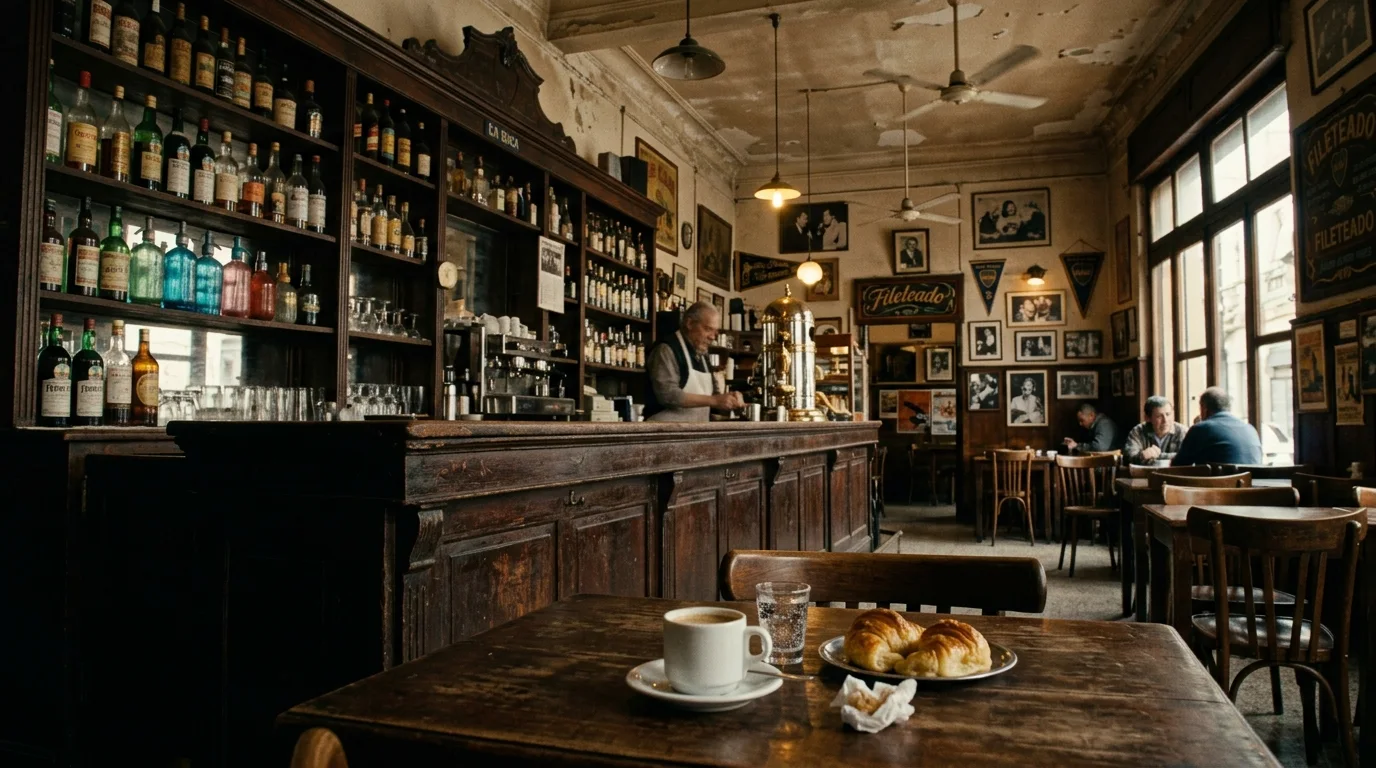 Interior nostálgico del Café Roma con su barra de madera antigua y ambiente de bar notable porteño.