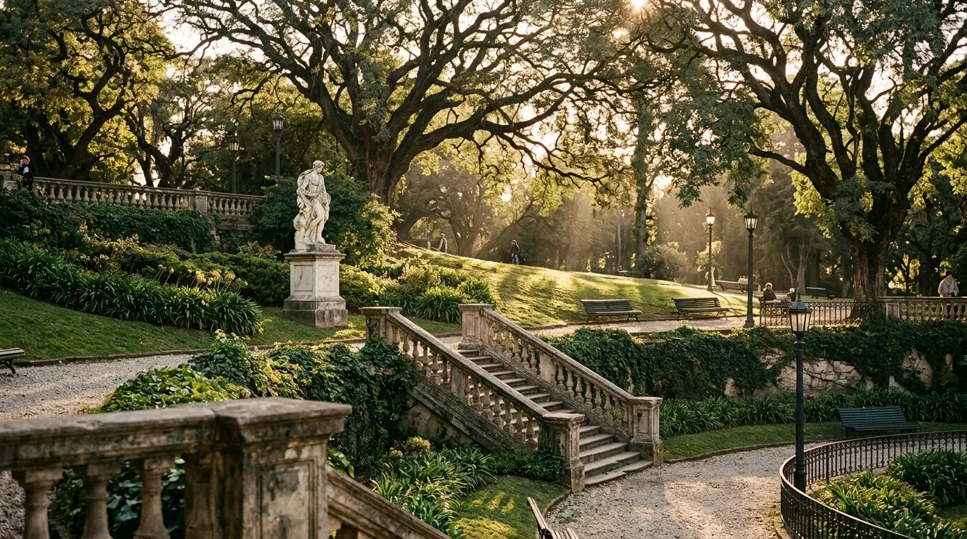 Jardines diseñados con desniveles, escalinatas y esculturas de mármol en el Parque Lezama, Buenos Aires.