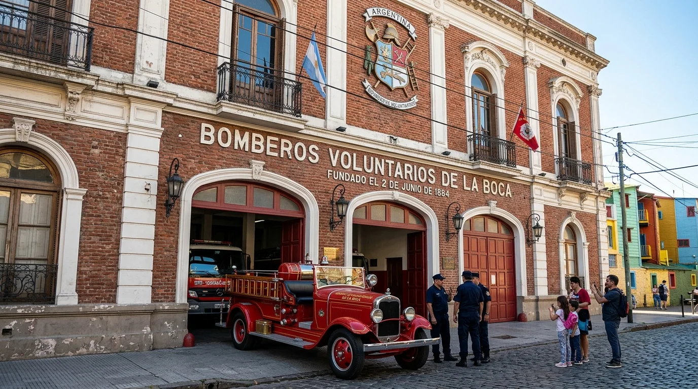 Fachada histórica de ladrillo rojo del Cuartel de Bomberos Voluntarios de La Boca en Buenos Aires.