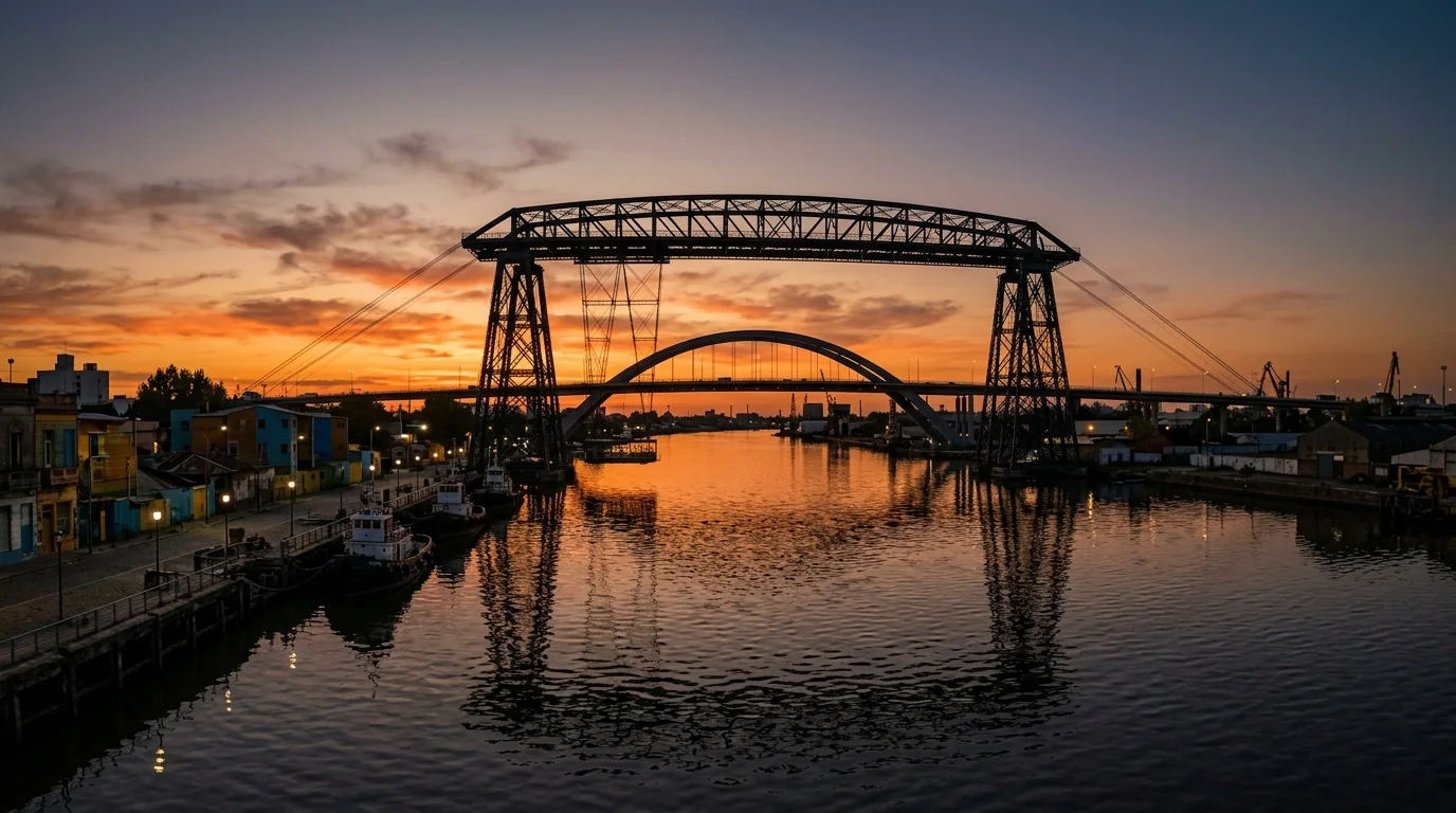 Estructura de hierro histórica del Puente Transbordador sobre el Riachuelo en Buenos Aires al atardecer.