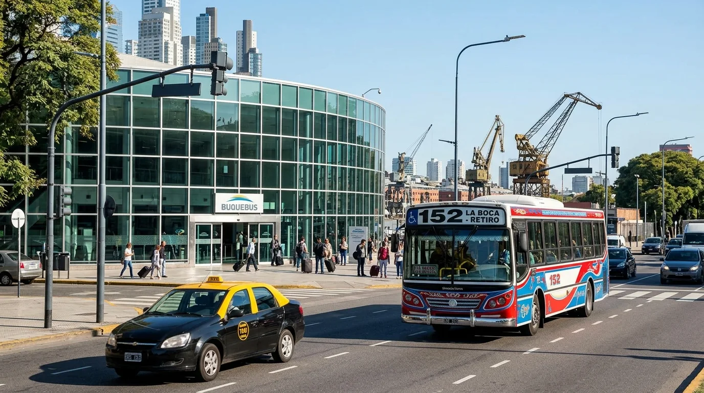 Turistas y transporte en las terminales de ferry de Puerto Madero conectando con el barrio de La Boca.