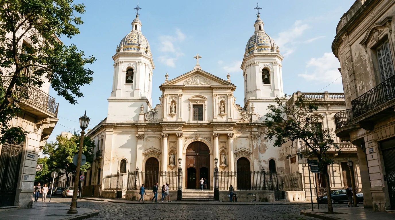 Fachada colonial blanca con torres y cúpulas de la Iglesia de San Pedro Telmo bajo un cielo despejado.