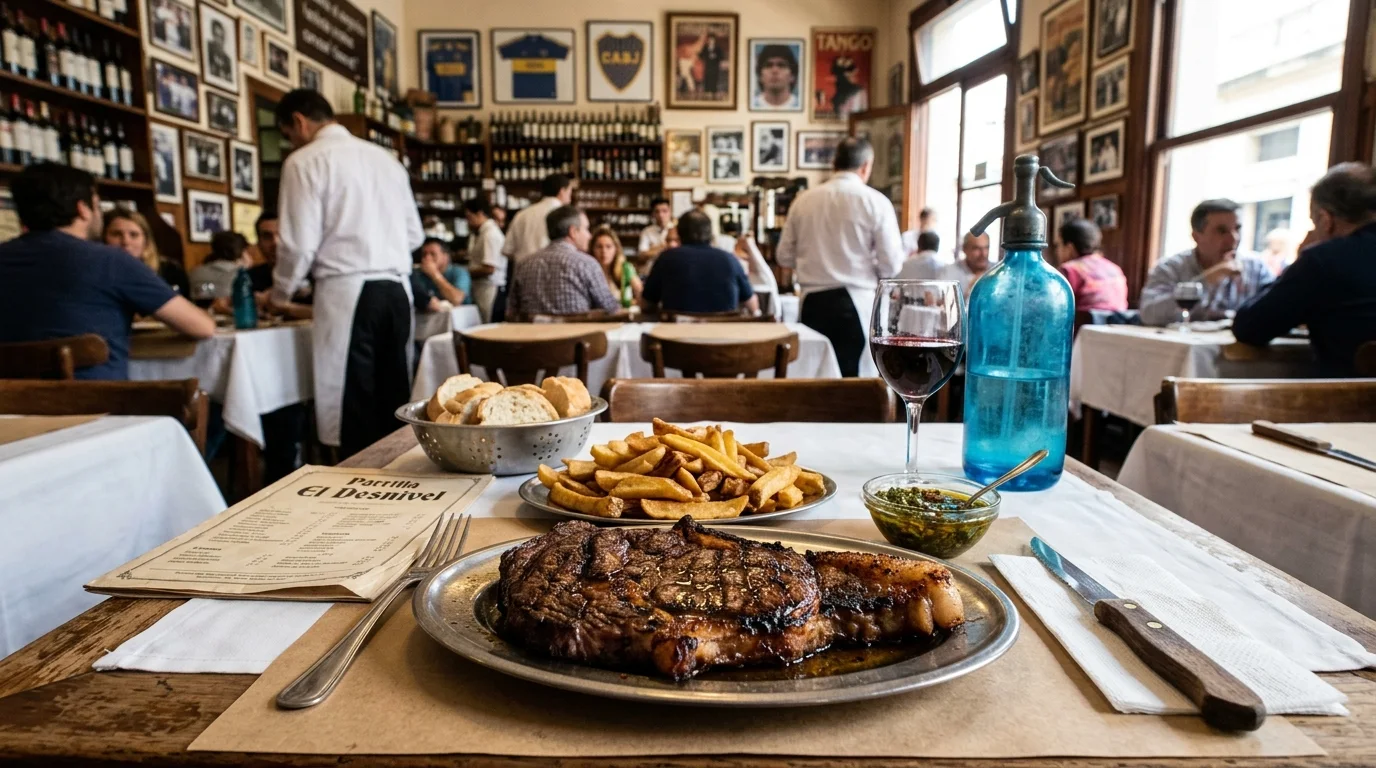 Plato de bife de chorizo con papas fritas y chimichurri servido en una mesa de El Desnivel.