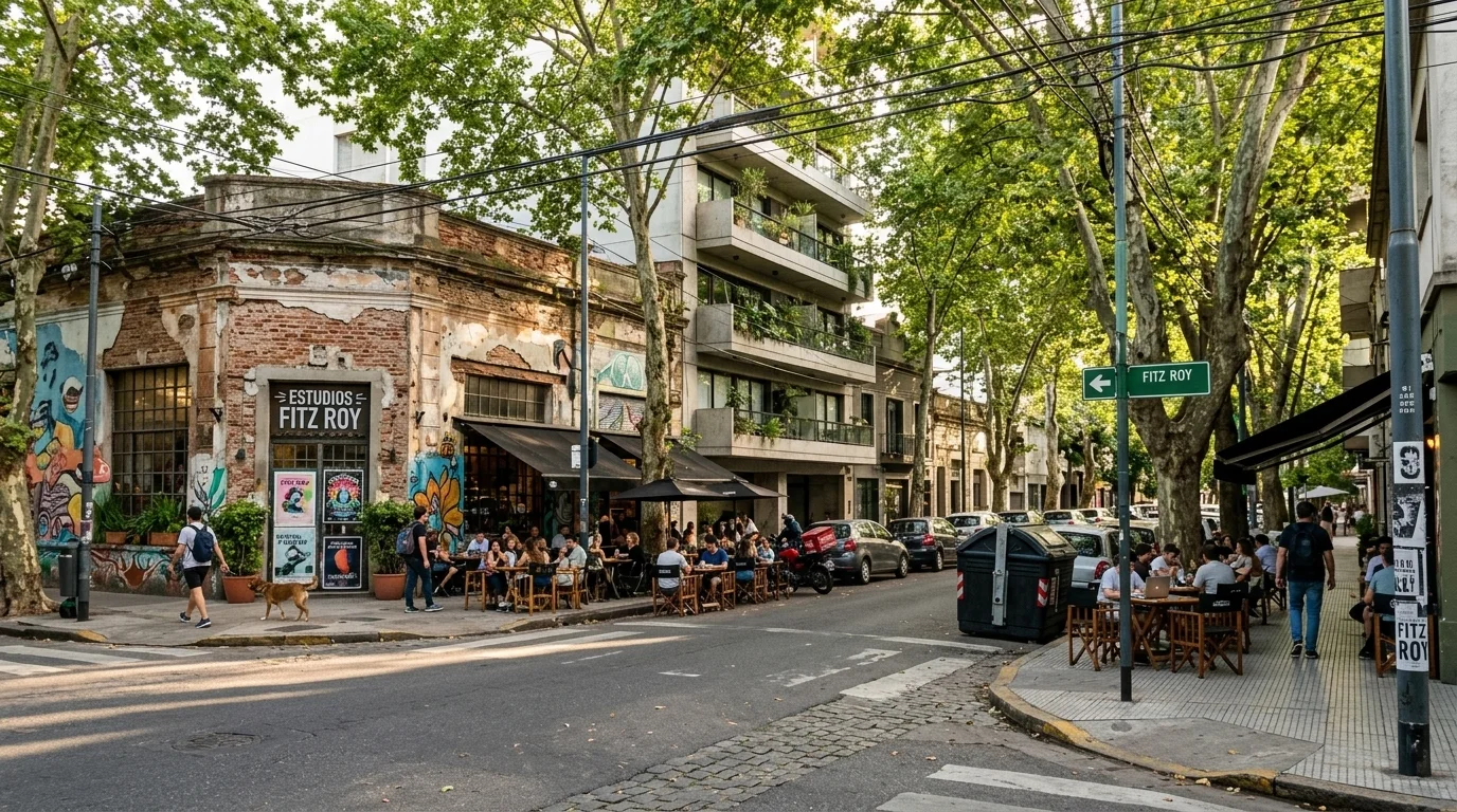 Calle arbolada y moderna de Palermo Hollywood con productoras audiovisuales y edificios reciclados.