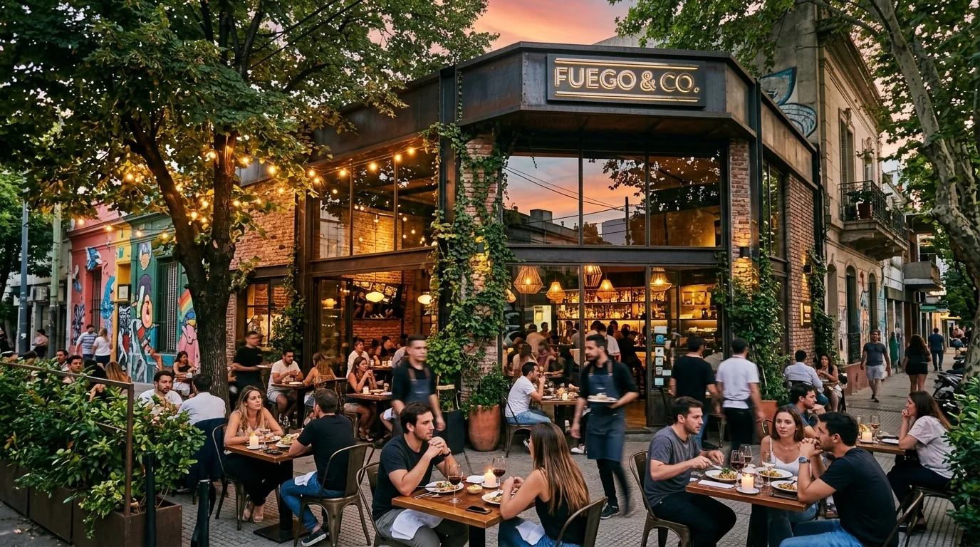 Fachada moderna de un restaurante de autor con mesas en la vereda en Palermo Hollywood, Buenos Aires.