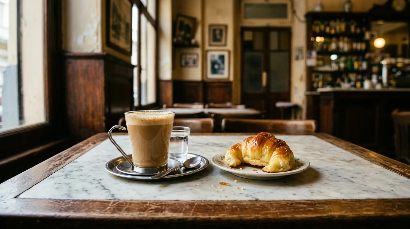 Café con leche y medialuna tradicional sobre una mesa de mármol en el Bar El Federal.