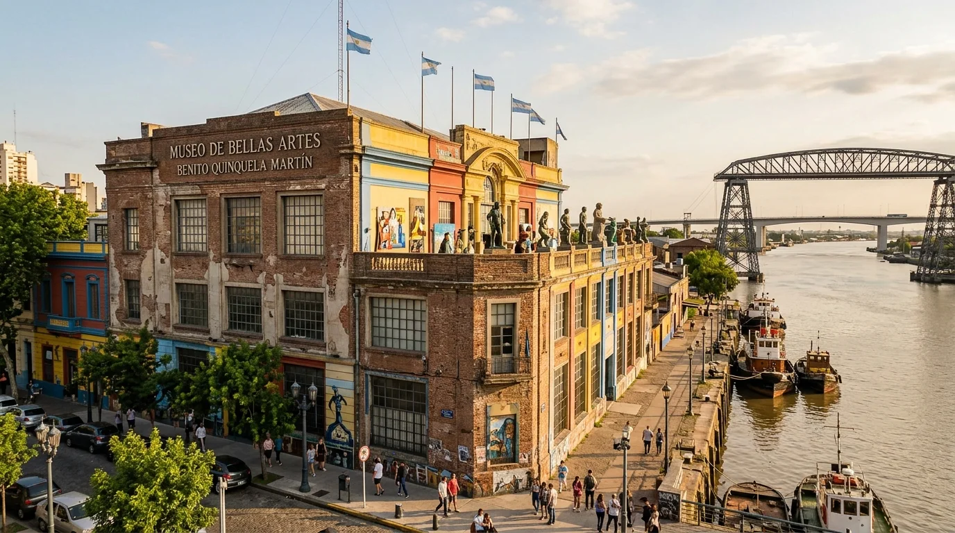 Fachada del Museo Benito Quinquela Martín con vista al puerto de La Boca, Buenos Aires.