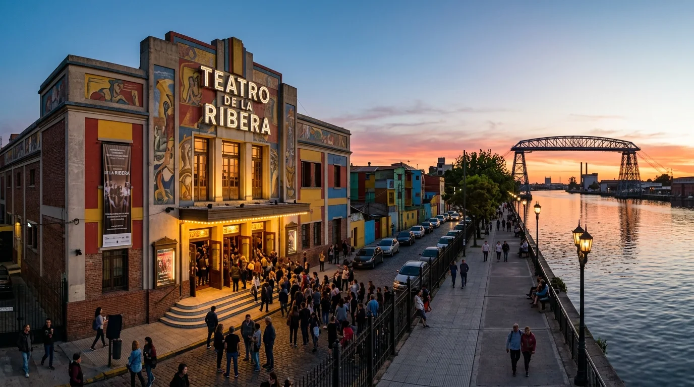 Vista panorámica del Teatro de la Ribera junto a la costanera de La Boca al atardecer.