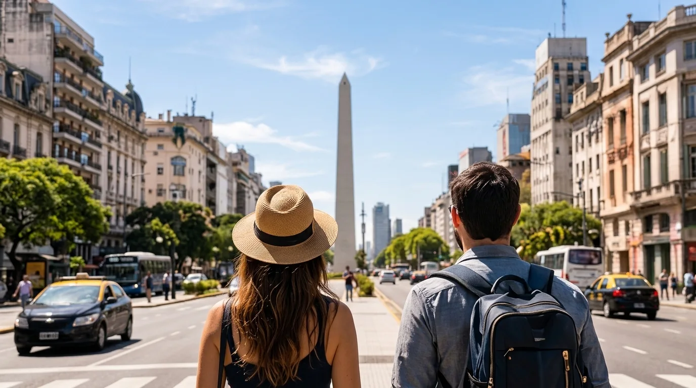 Turistas caminando por la Avenida 9 de Julio hacia el imponente Obelisco de Buenos Aires.