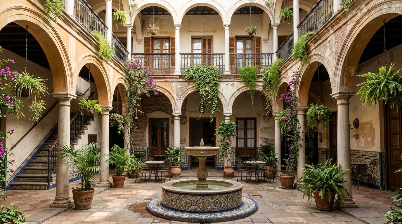 Patio central andaluz con arcadas y plantas en el hotel boutique Patios de San Telmo.