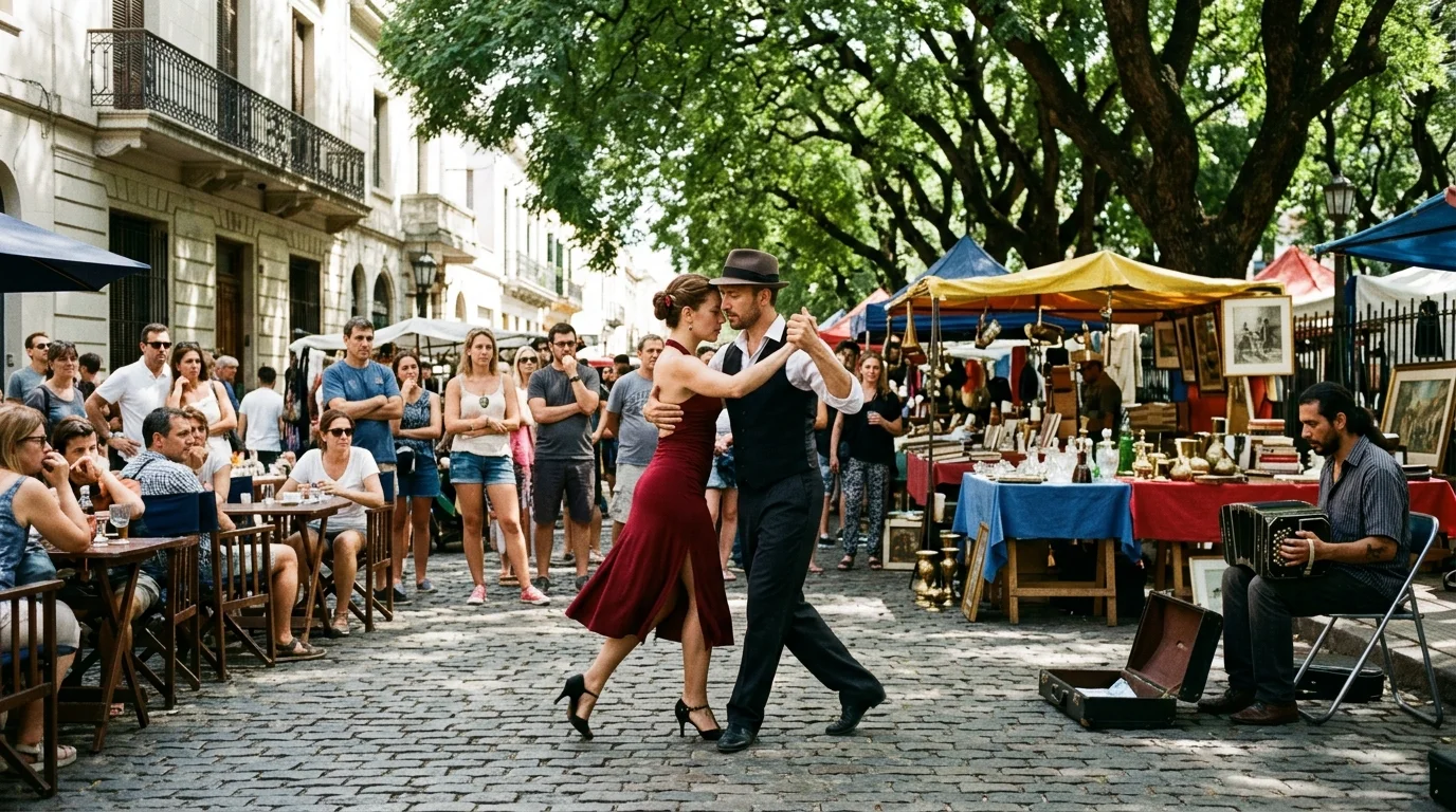 Pareja bailando tango en la Plaza Dorrego durante la famosa feria de antigüedades de los domingos.