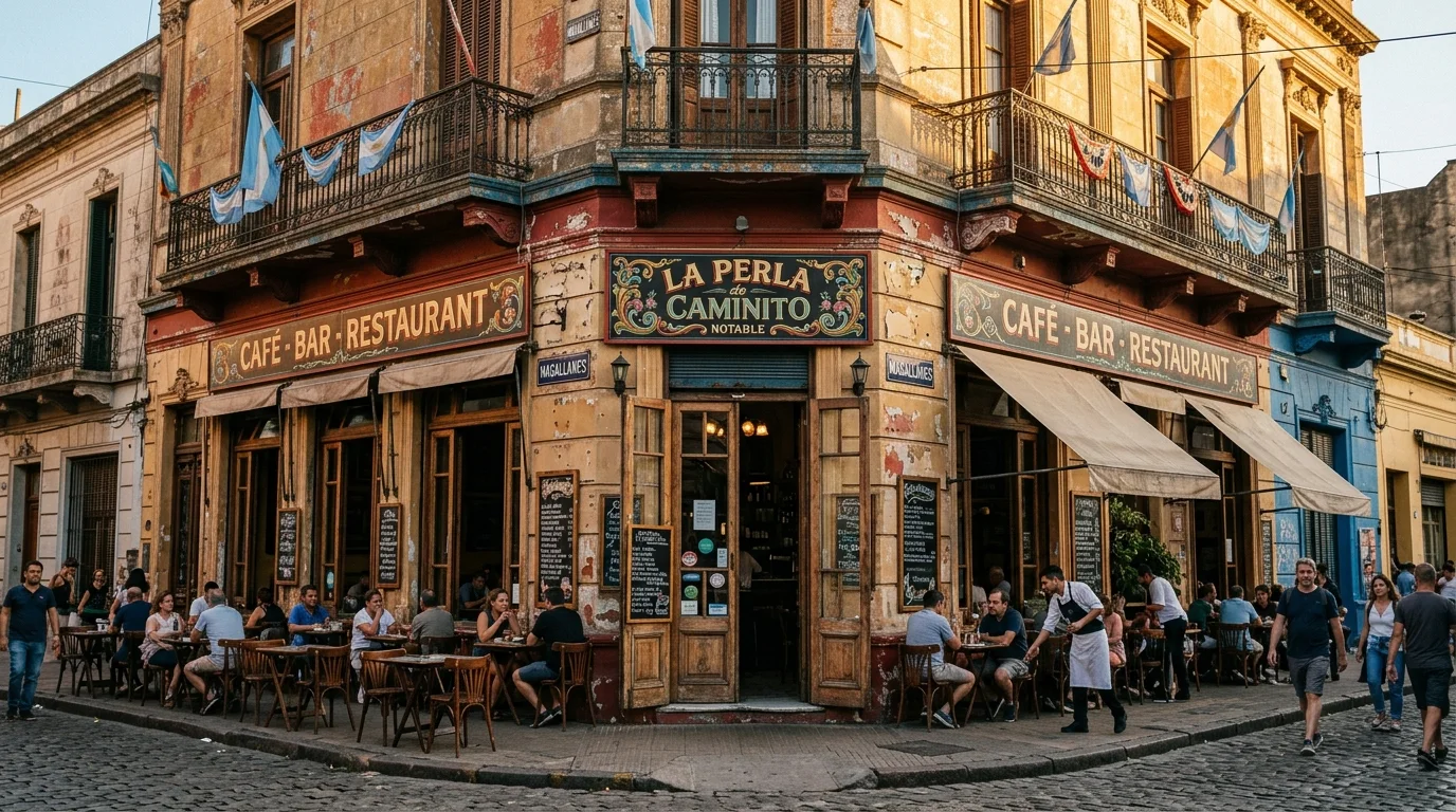 Fachada histórica del Bar Notable La Perla de Caminito en la esquina de Magallanes y Del Valle Iberlucea, Buenos Aires.