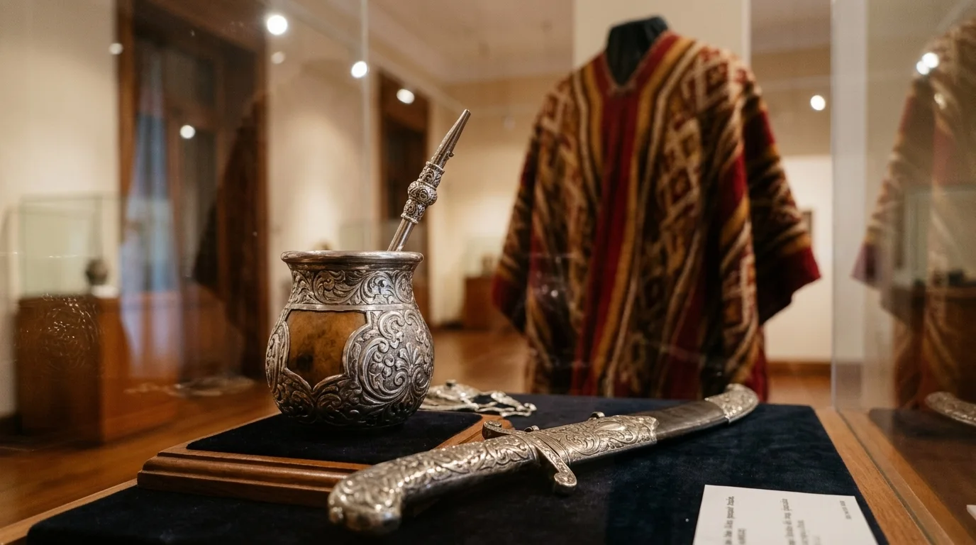 Primer plano artístico de piezas de platería criolla tradicional (mates y facones) expuestas en el museo.