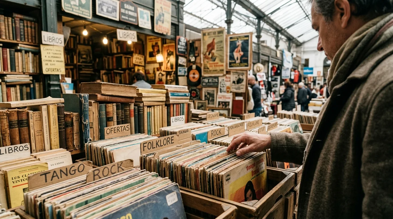 Detalle de un puesto de discos de vinilo y libros antiguos en los pasillos del mercado.