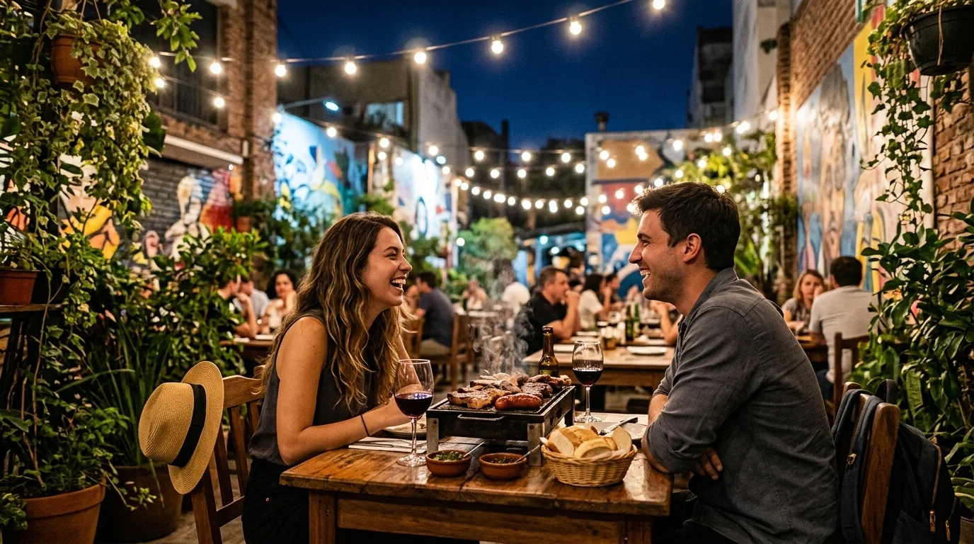 Pareja joven disfrutando de una parrillada moderna en una terraza iluminada con guirnaldas en Palermo Soho.