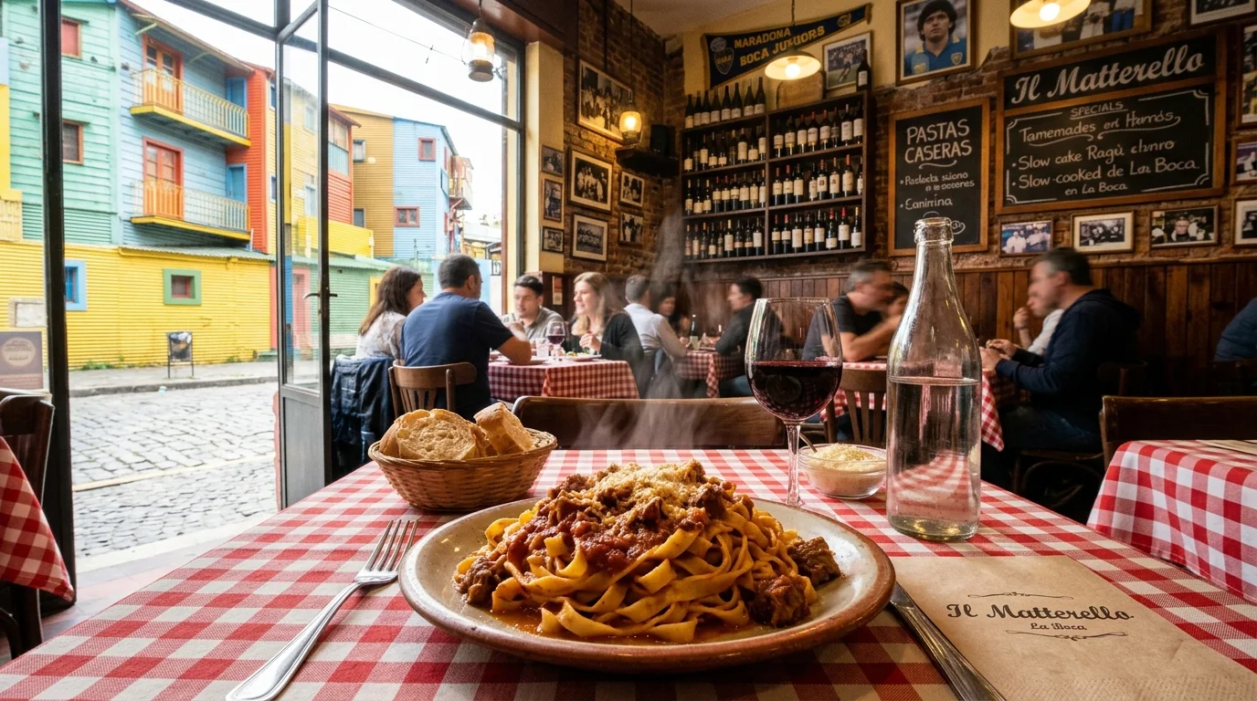 Plato de pastas caseras italianas en el acogedor salón del restaurante Il Matterello en Buenos Aires.