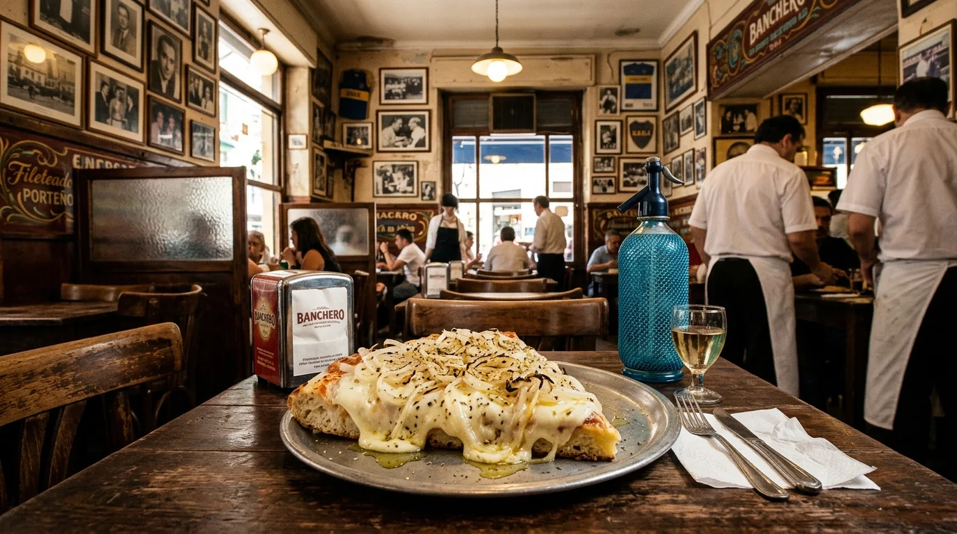 Porción de pizza fugazzeta con abundantes capas de queso y cebolla en la histórica pizzería Banchero de La Boca.