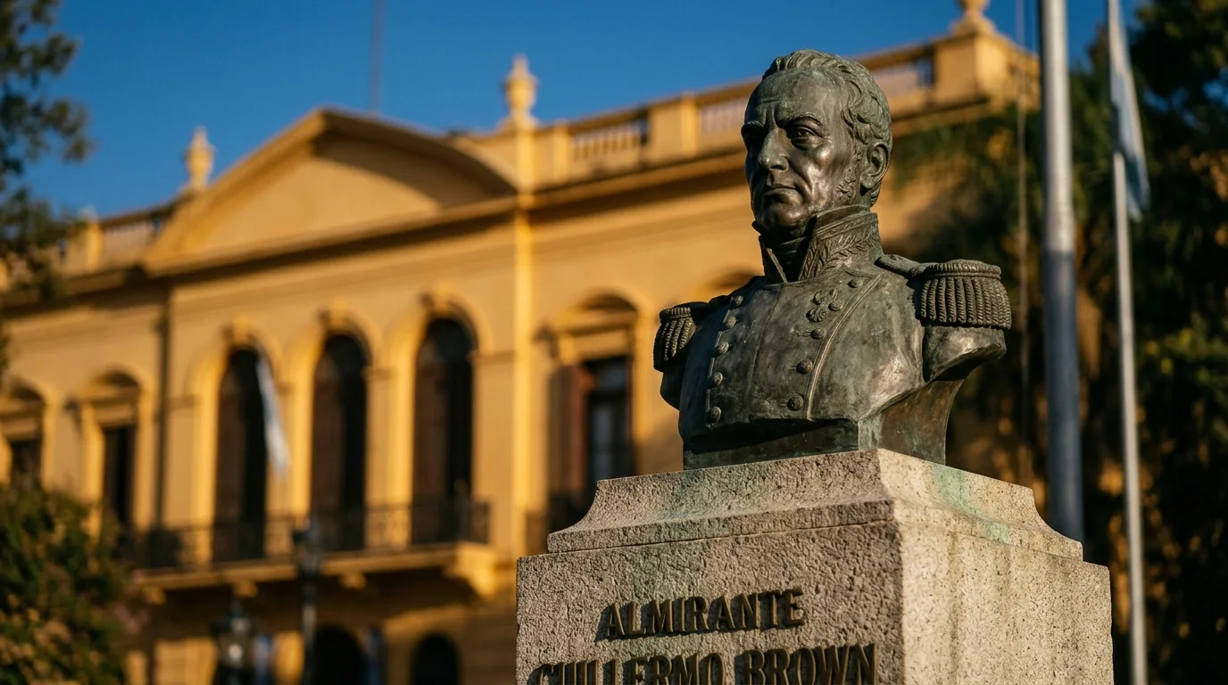 Busto del Almirante Guillermo Brown frente a la emblemática Casa Amarilla en Buenos Aires.