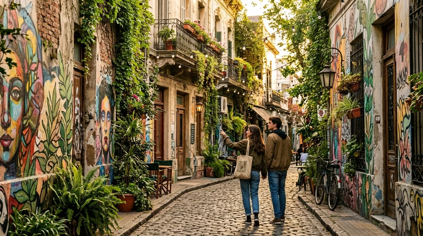 Pareja caminando por un pasaje pintoresco de Palermo Soho decorado con arte urbano y murales vibrantes.