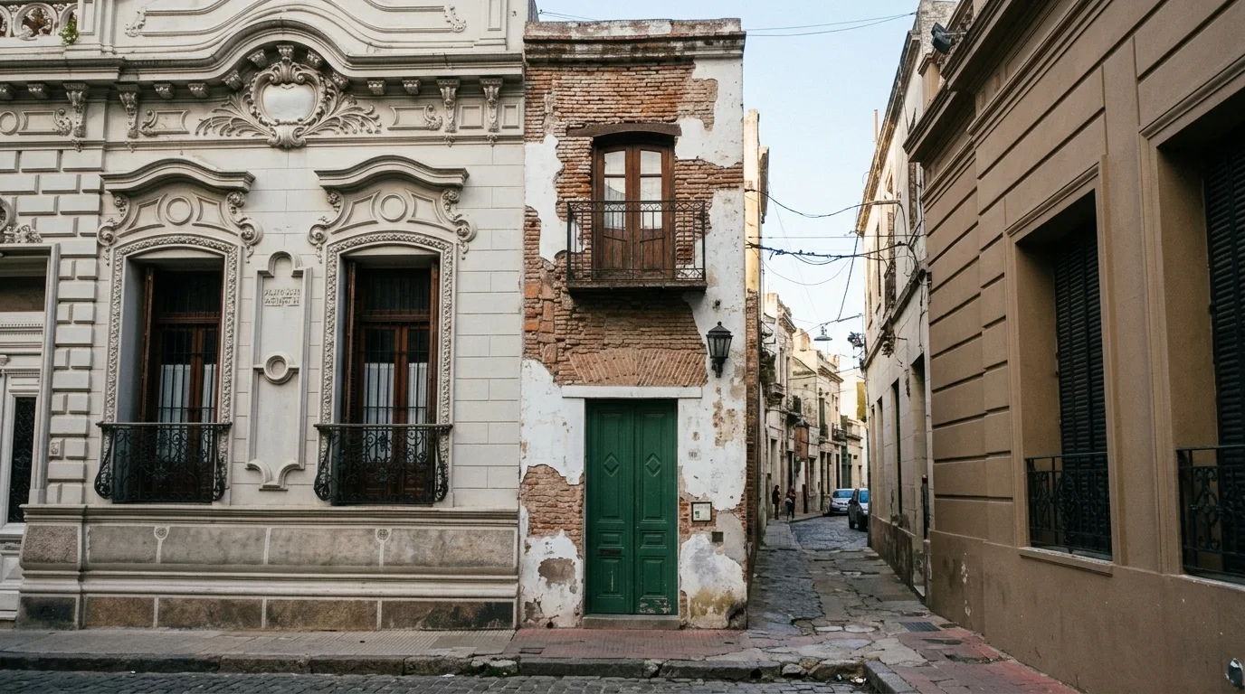 Vista exterior de la Casa Mínima con su característica puerta verde de madera y fachada de ladrillo visto original en Buenos Aires.