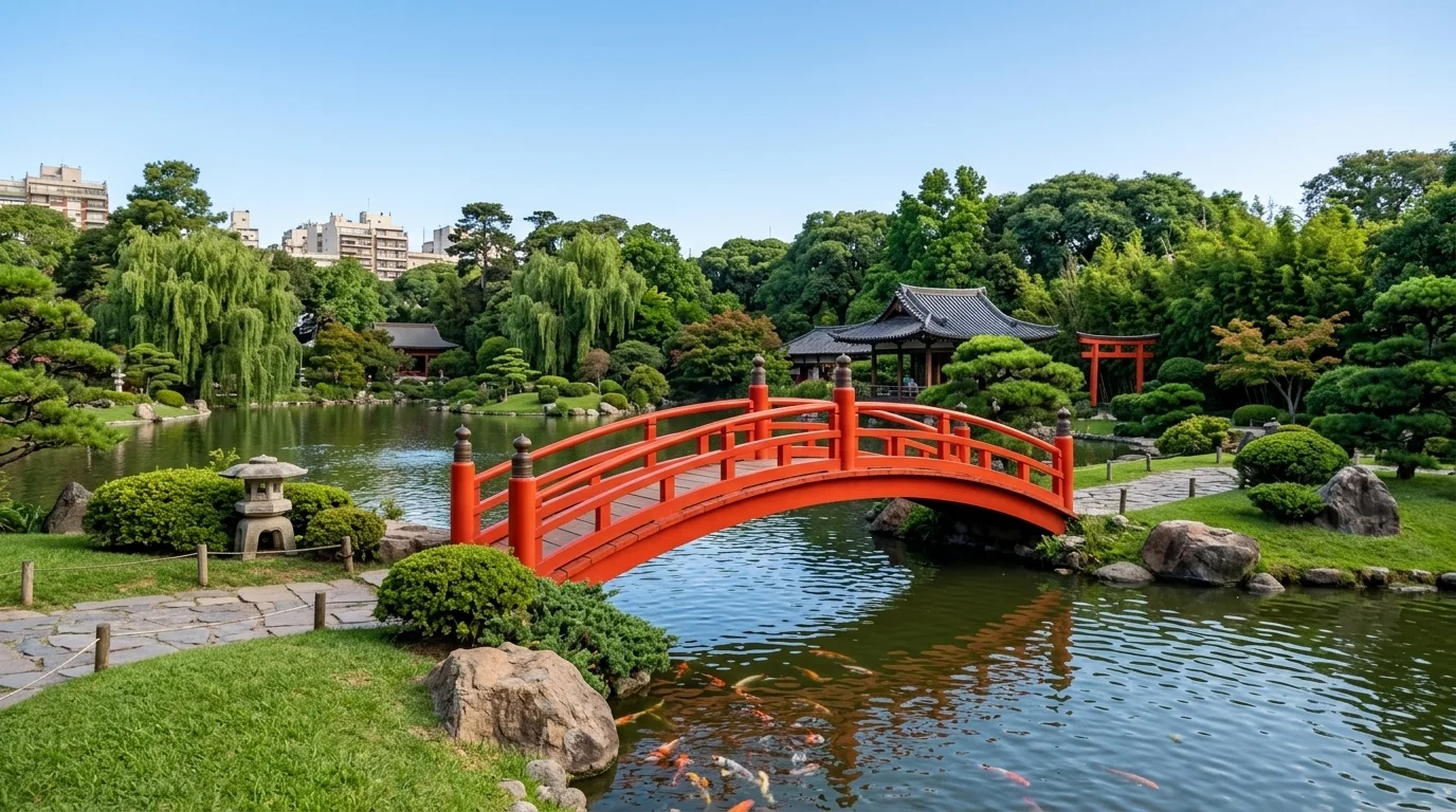El icónico puente rojo curvo sobre el estanque de carpas koi en el Jardín Japonés de Palermo.