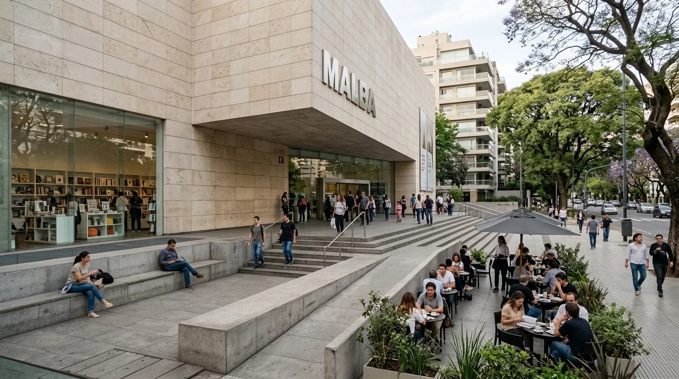 Fachada moderna de piedra caliza y vidrio del Museo de Arte Latinoamericano de Buenos Aires (MALBA) en Palermo.