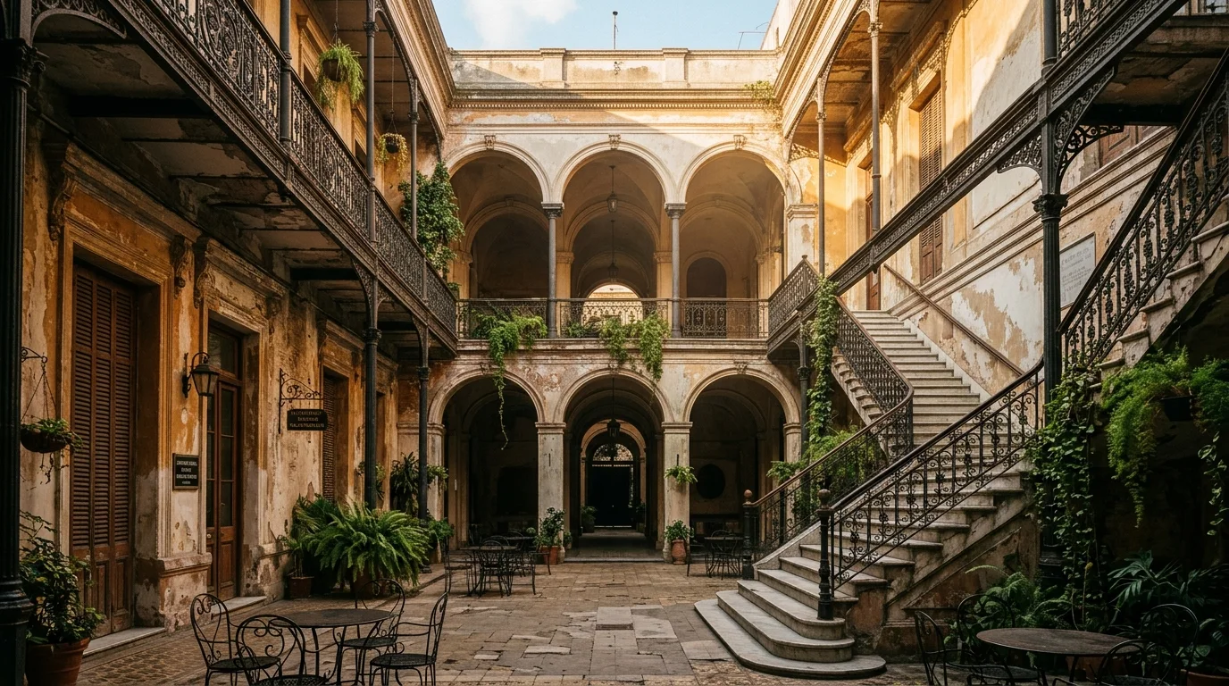 Primer patio del Pasaje de la Defensa con arcos históricos y escaleras de mármol en San Telmo.