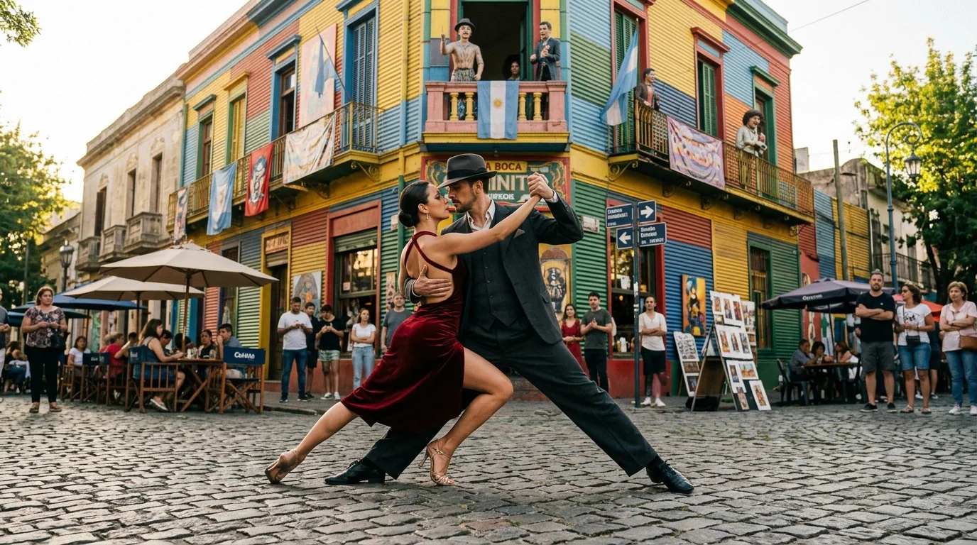 Pareja de bailarines de tango realizando un espectáculo callejero frente al icónico edificio de colores en Caminito, Buenos Aires.