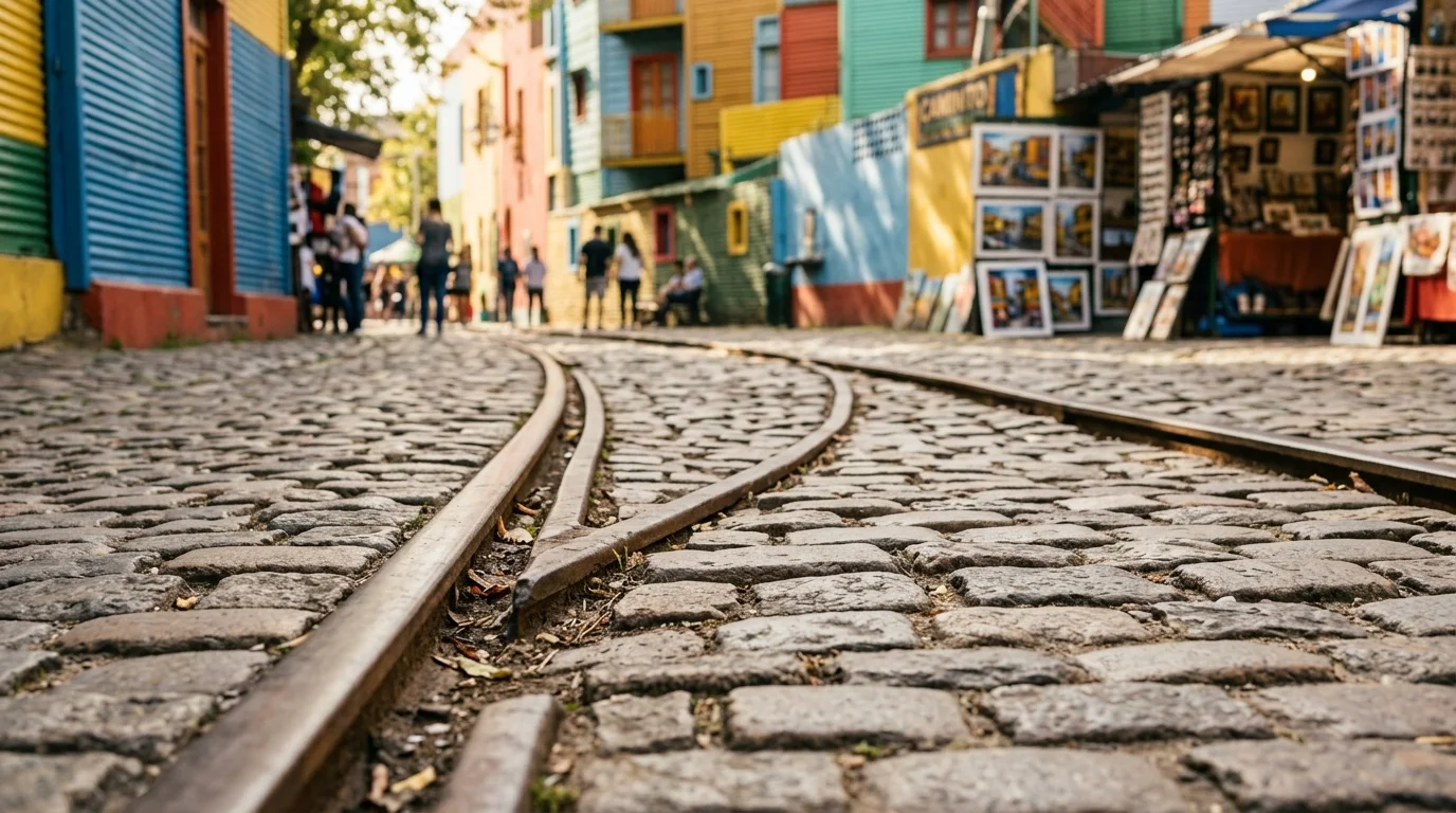 Detalle de las antiguas vías ferroviarias integradas en el empedrado de la calle peatonal Caminito.