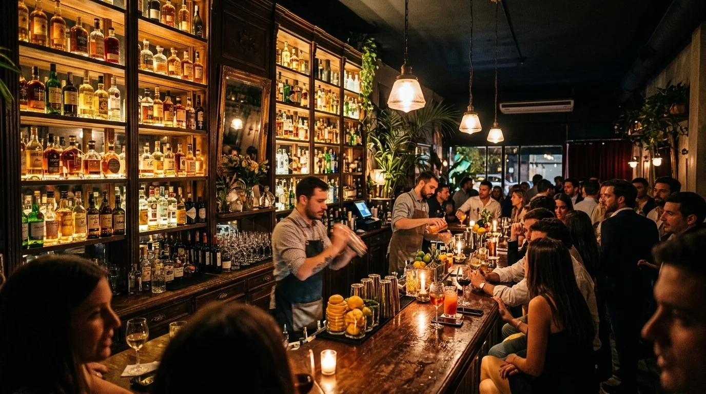 Barra de un bar de alta gama con iluminación de diseño y barman preparando cócteles en Palermo Hollywood.