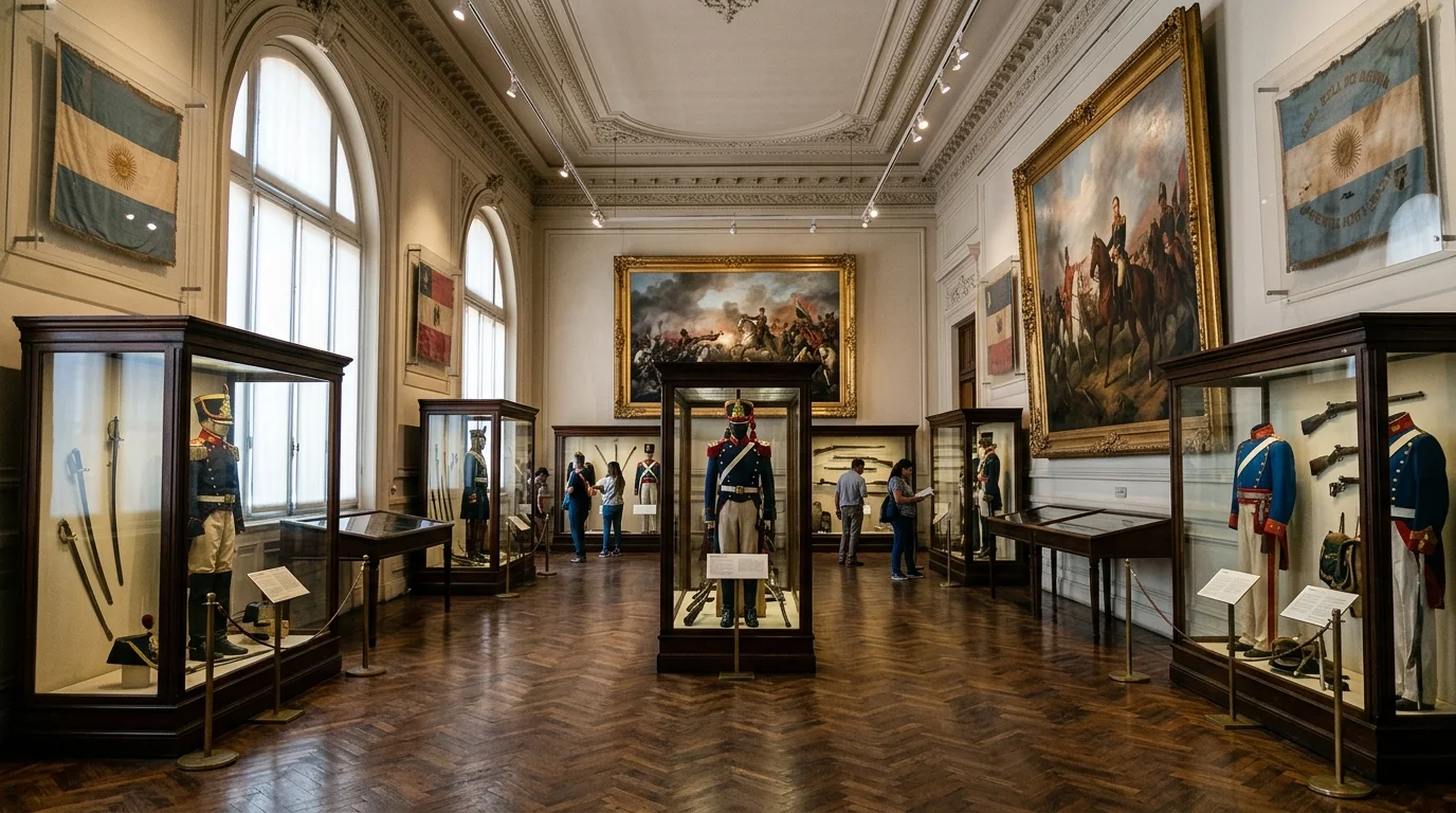 Interior de una sala del museo con exhibición de uniformes militares, banderas históricas y óleos de batallas argentinas.