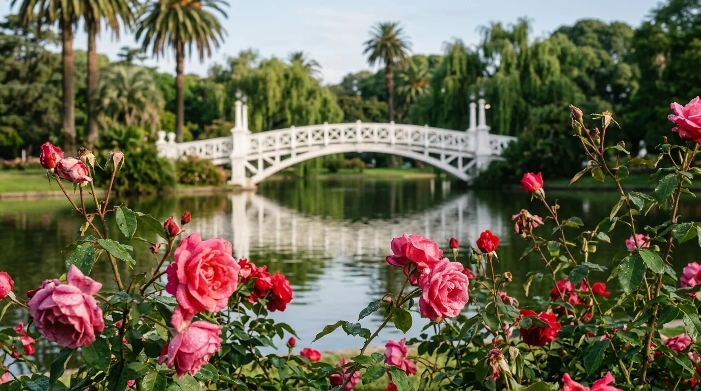 Detalle de rosas en flor frente al Puente Blanco de madera sobre el lago del Rosedal de Palermo.