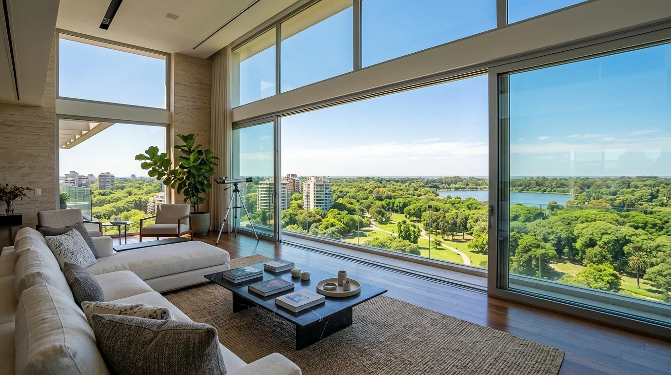 Habitación de hotel de diseño con grandes ventanales que muestran la arquitectura clásica y el skyline de Buenos Aires.