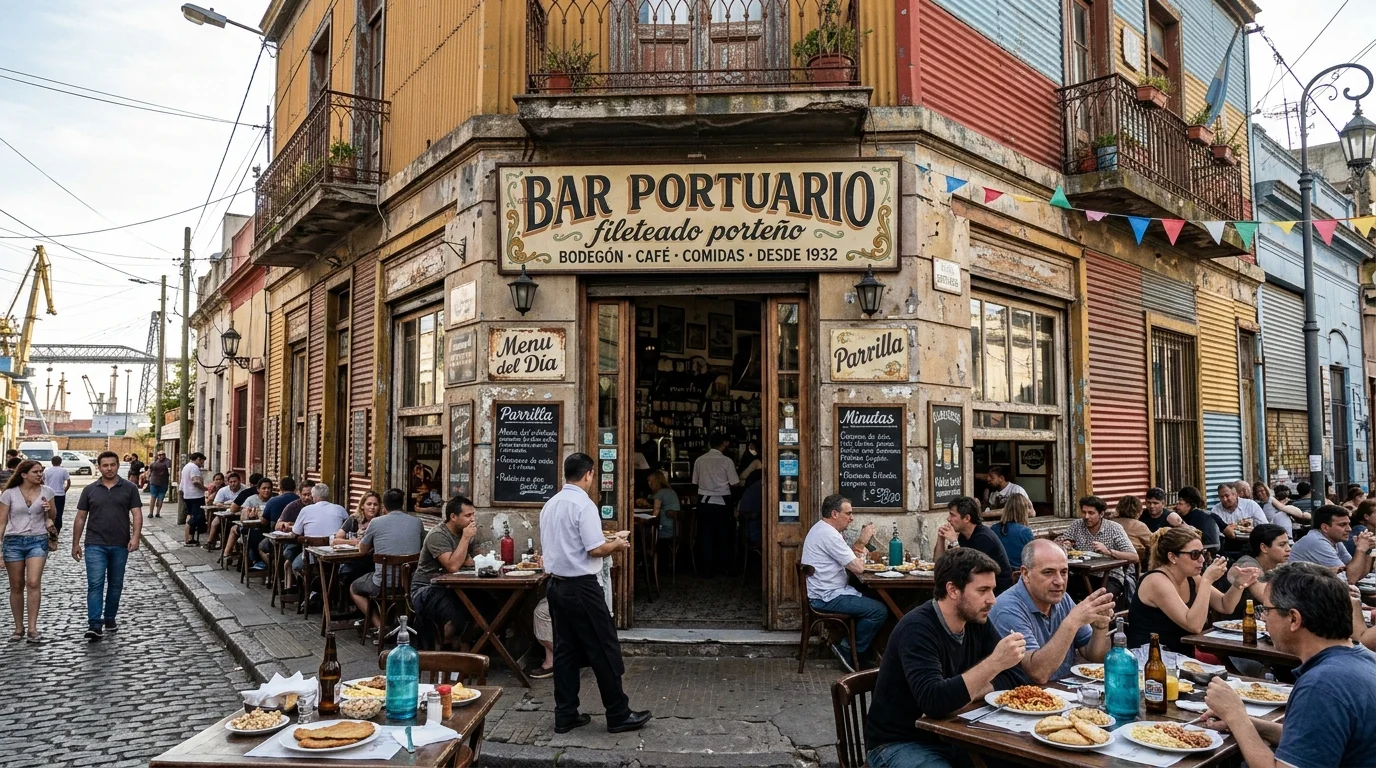 Fachada del histórico Bar Portuario, un bodegón tradicional cerca del puerto de La Boca.