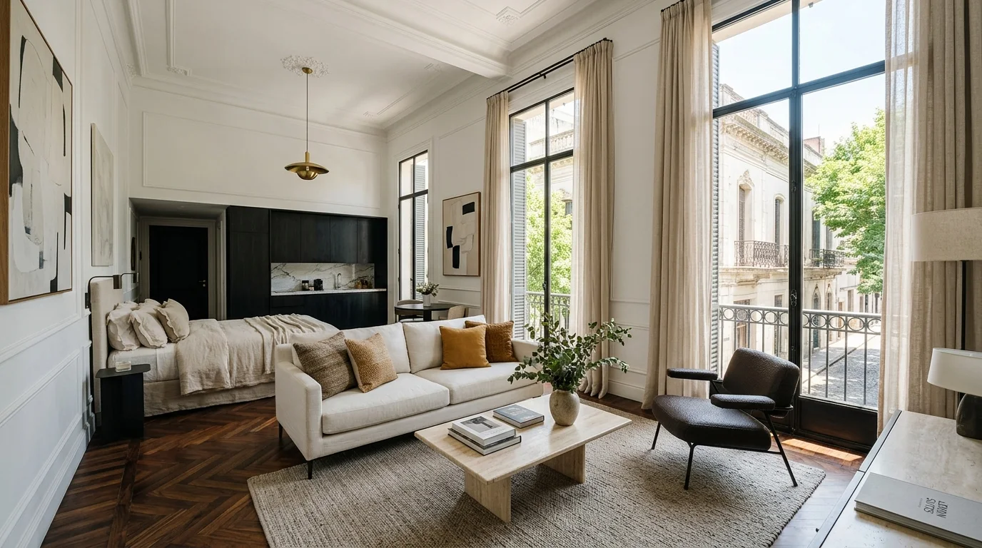 Interior moderno y luminoso de un apartamento en Lemon Suites, San Telmo, Buenos Aires.