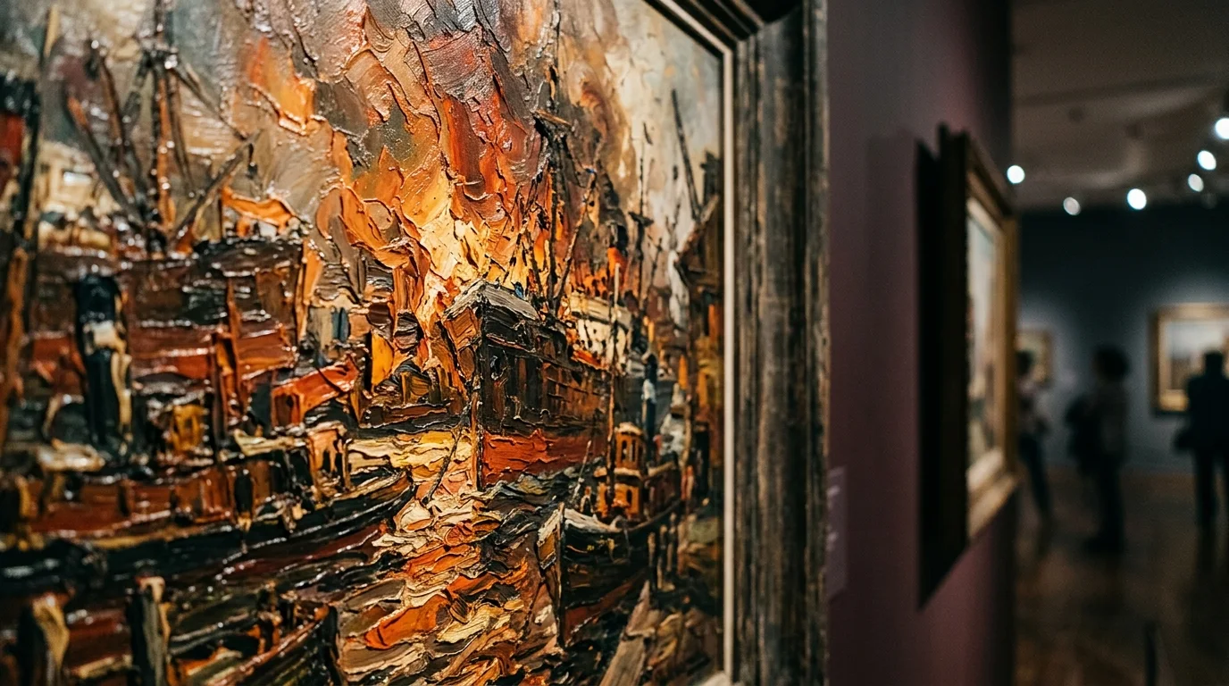 Primer plano de las texturas de óleo y colores vibrantes en una pintura original de Quinquela Martín.